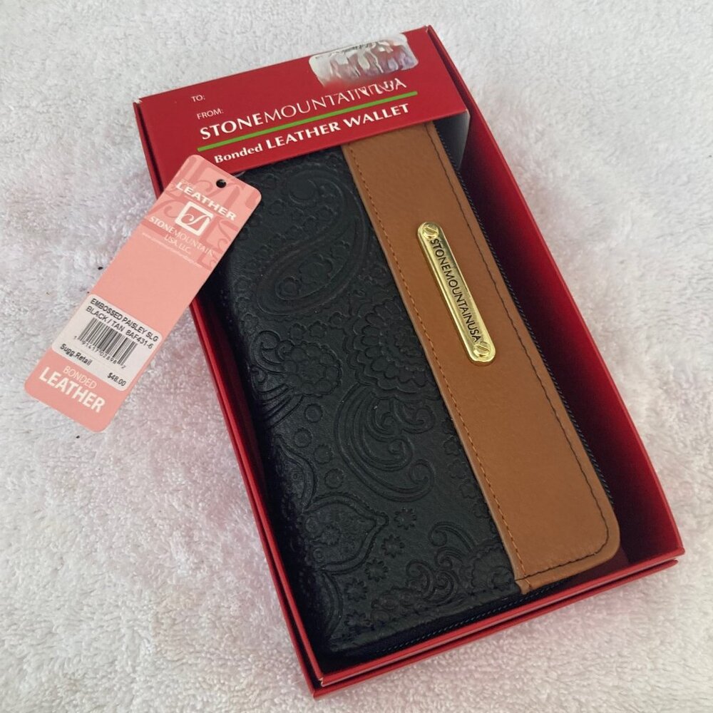 Stone Mountain Black & Cognac Tan Leather Paisley Zip Around Wallet Checkbook